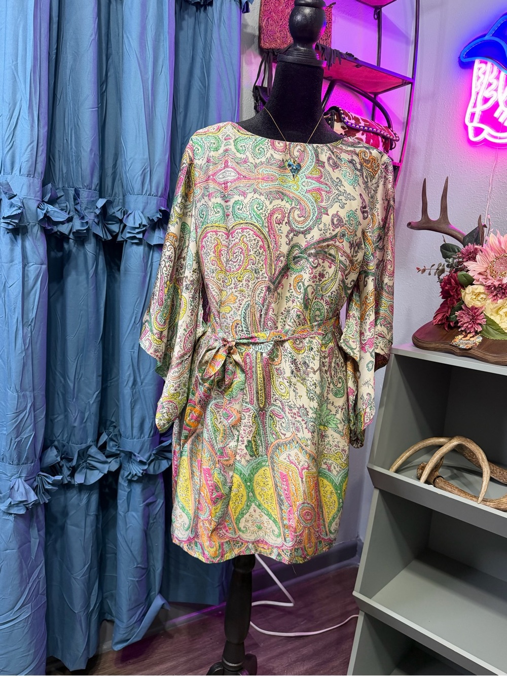 Ark & Co Paisley Kimono Sleeve Tie Waist Lined Mini Dress Boho Size M